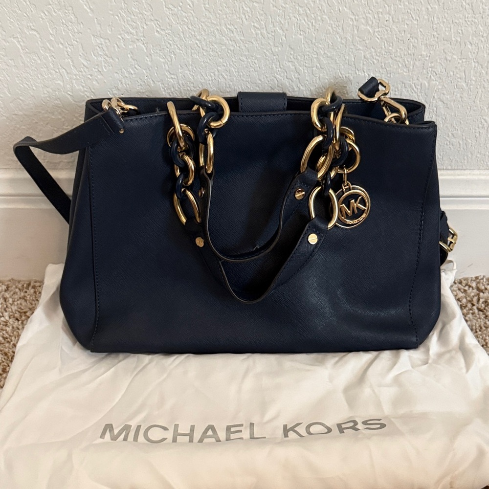 Michael Kors Dark Blue Shoulder Bag with Gold Accents